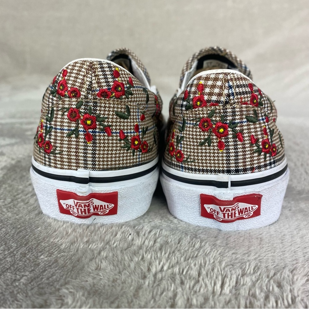 Vans Floral Plaid Slip On Sneaker Skate Shoes Womens Size 5 Brown Red Stitch NEW - Picture 8 of 11